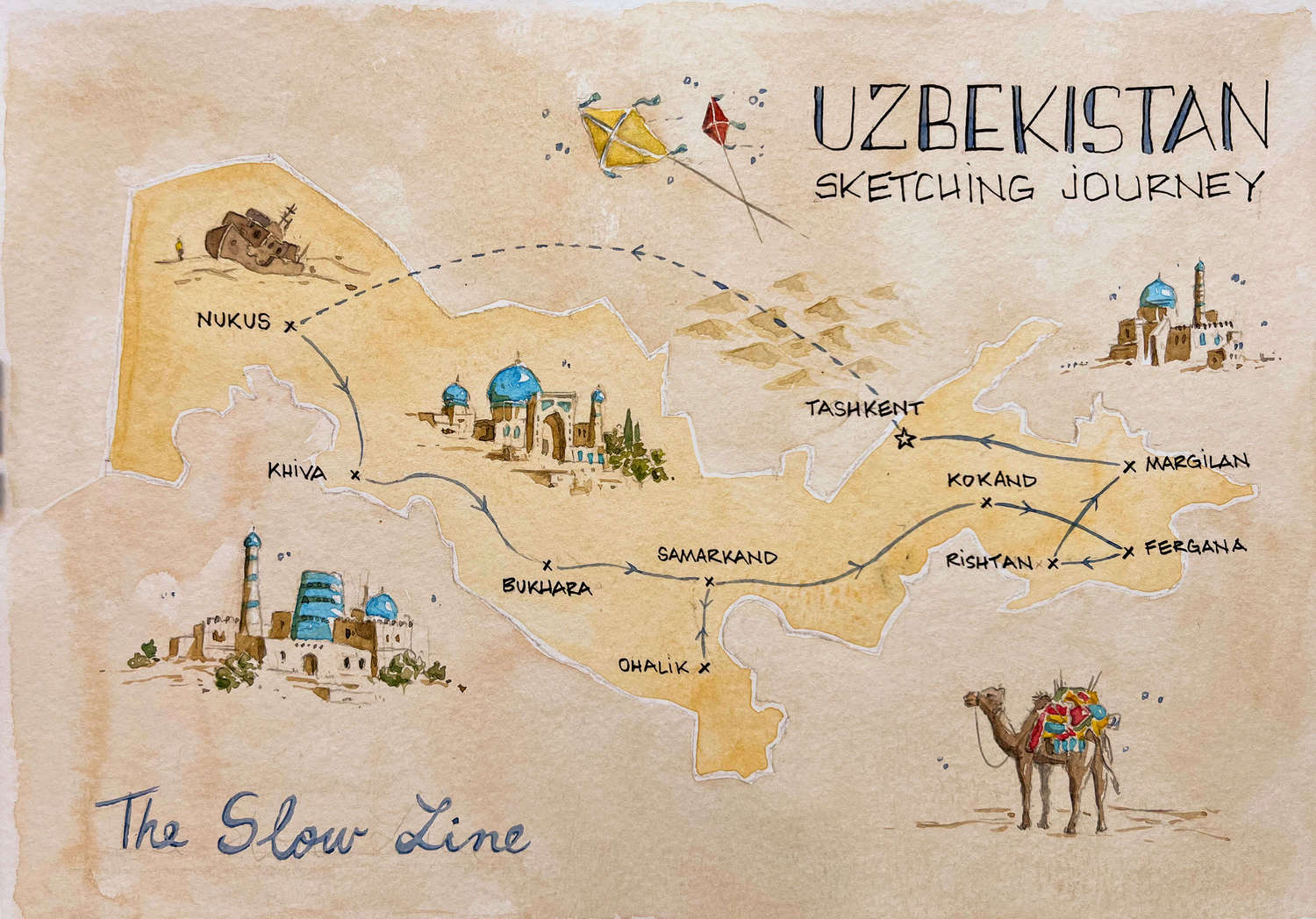 Illustrated map of the Uzbekistan sketching journey route