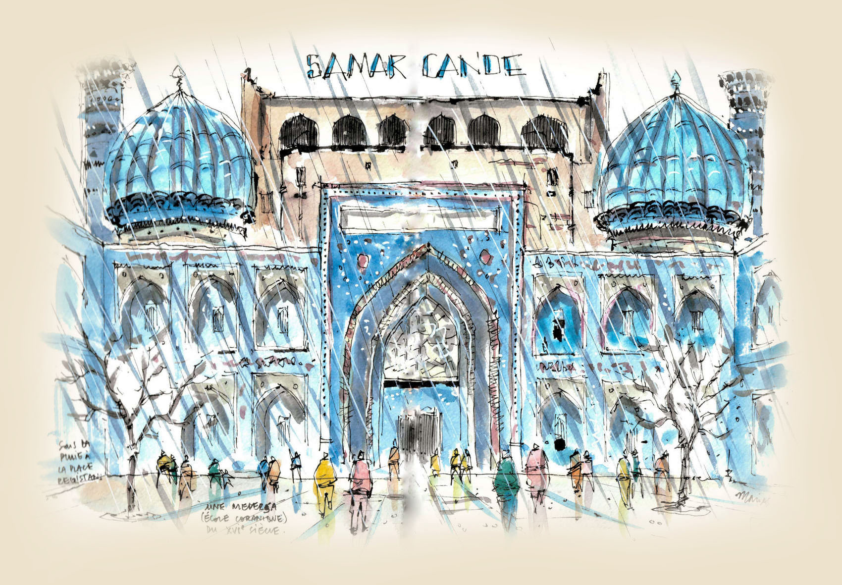 Watercolor sketch of Registan Square in Samarkand in the rain