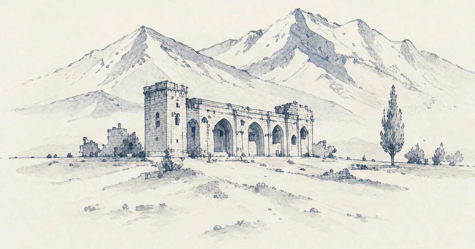 Watercolor illustration of a fortress with snow-capped mountains behind it