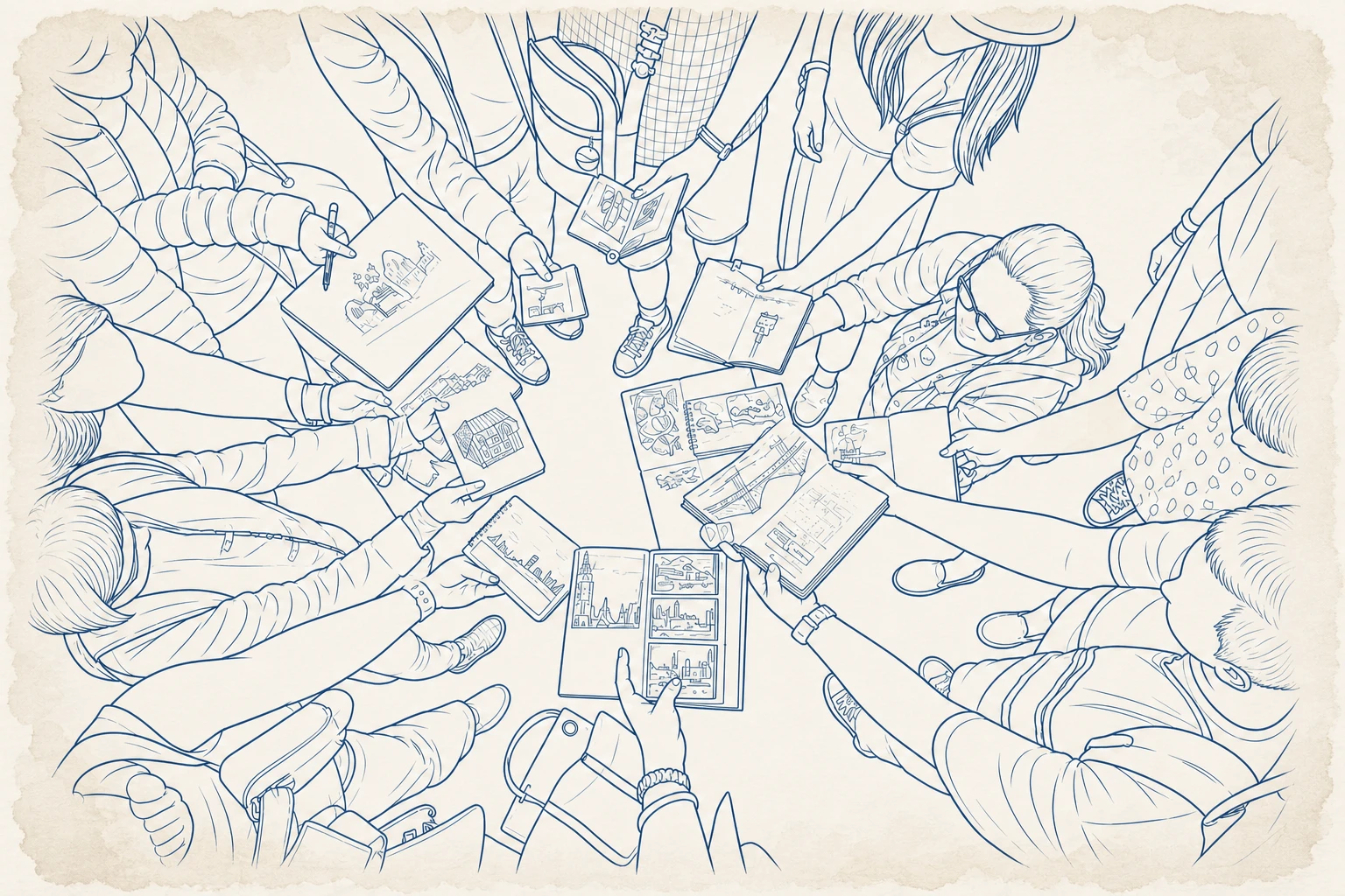 Illustration of a circle of hands holding open sketchbooks