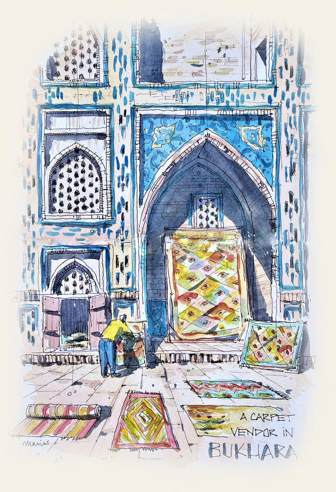 Watercolour sketch of a carpet vendor outside a tiled madrasa portal in Bukhara